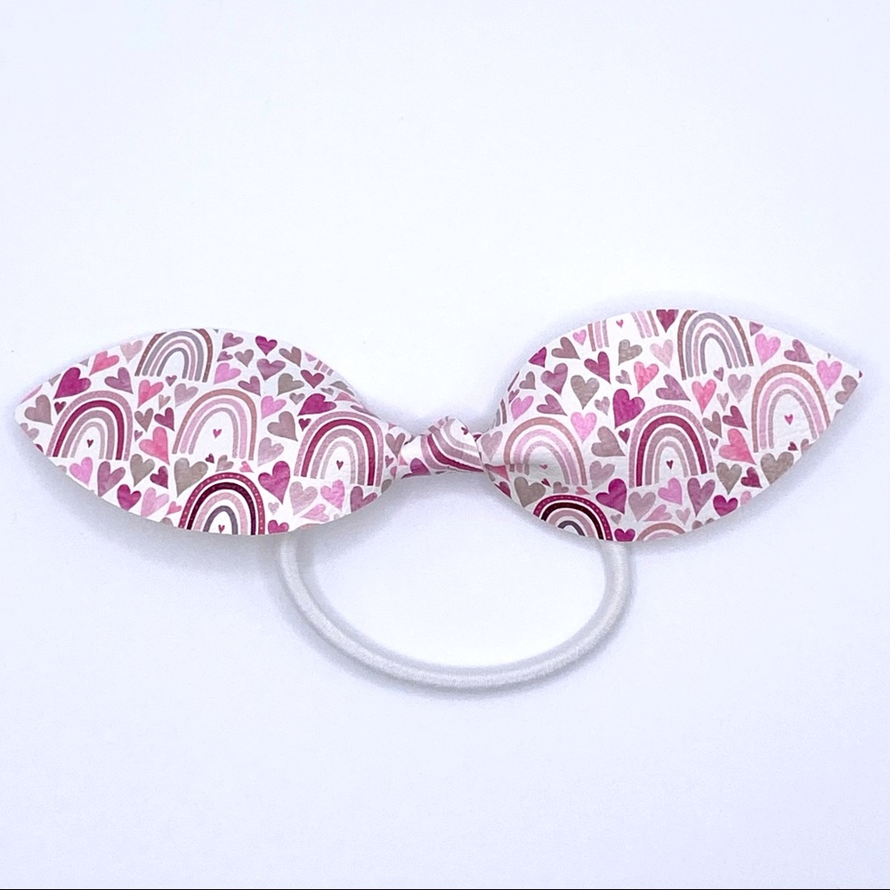 💕Pink, red and gray rainbow and hearts hair tie bow. Vegan leather. Handmade.